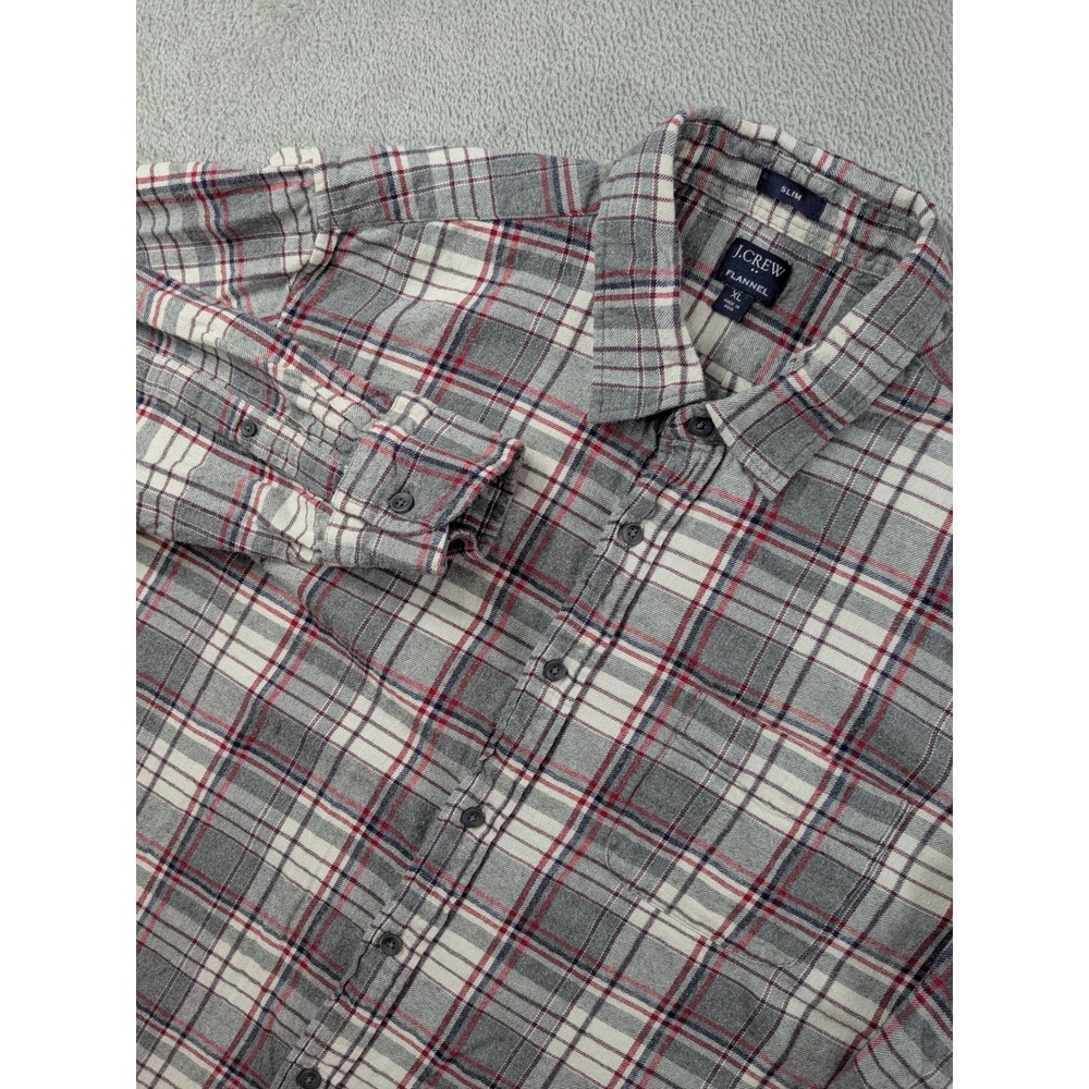 J.Crew Mens XL Slim Flannel Shirt Gray White Plaid Cotton Button Down Long Slv